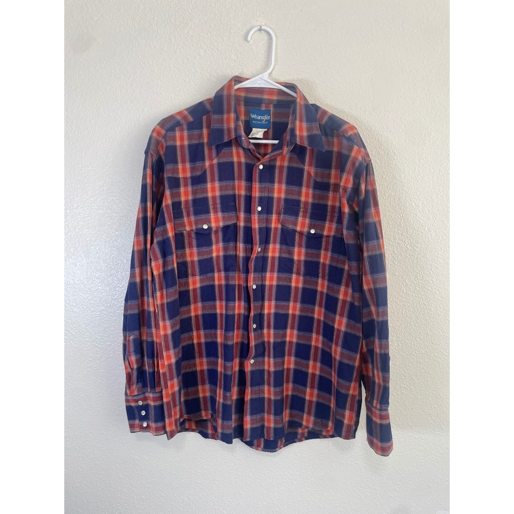 Wrangler Western Shirt Mens Large Blue Orange Plaid Pearl Snap Cotton Excellent
